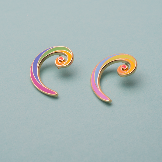 two fibonacci sequence swirl pins, one classic colour palette and one candy colour palette