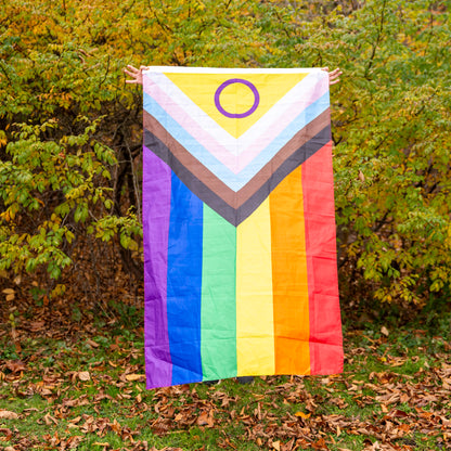 a pair of hands holding up an inclusive intersex pride flag, this flag has all the colours of the regular, intersex, BIPOC and transgender flag