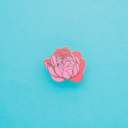 coral coloured beautifully gold detailed peony hard enamel pin